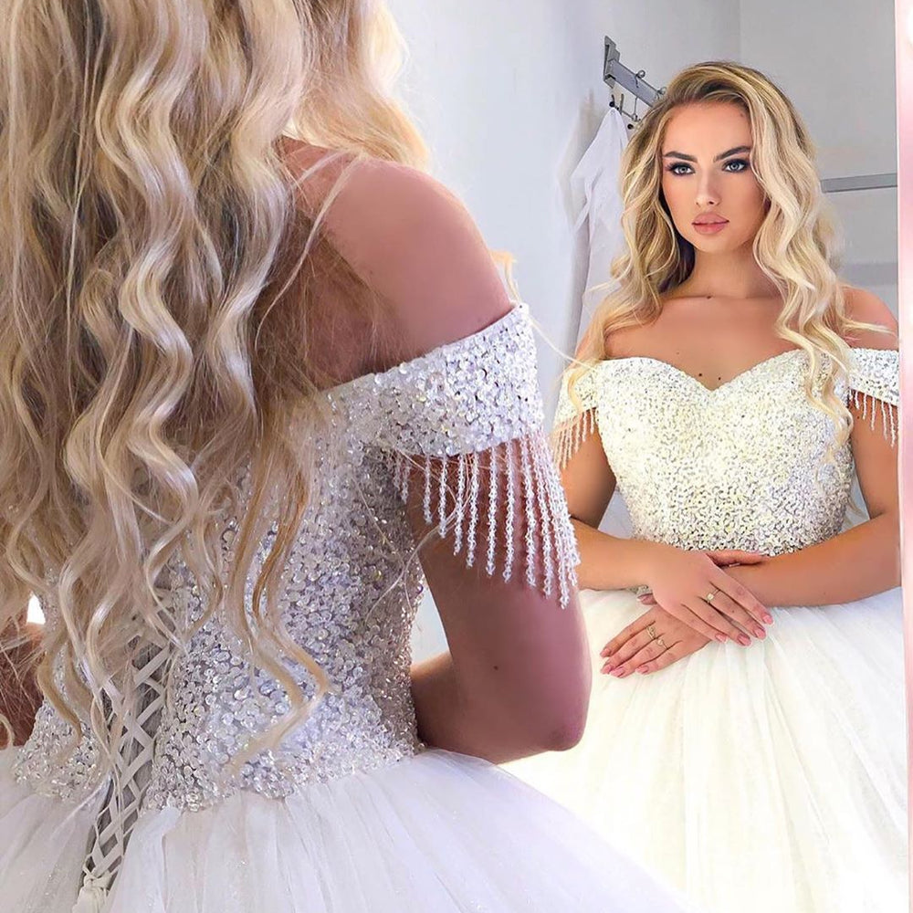 
                      
                        Long Princess Off-the-Shoulder Wedding Dress with Tulle
                      
                    