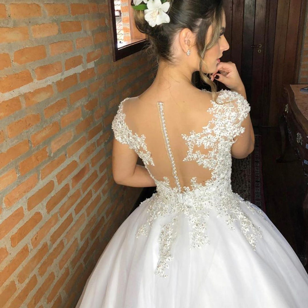 
                      
                        Sweetheart Strappy V-Neck Floor-Length Wedding Dress with Lace Appliques
                      
                    