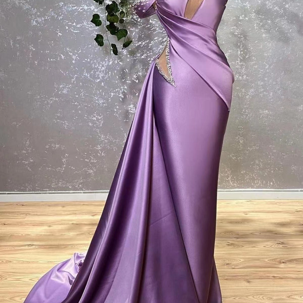 Lilac Off-the-Shoulder Sleeveless Mermaid Prom Dress with Rhinestones