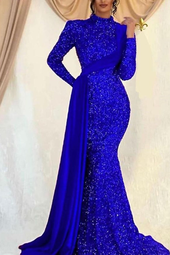 
                      
                        Sequins Long Sleeves High Collar Mermaid Prom Dress with Ruffle
                      
                    