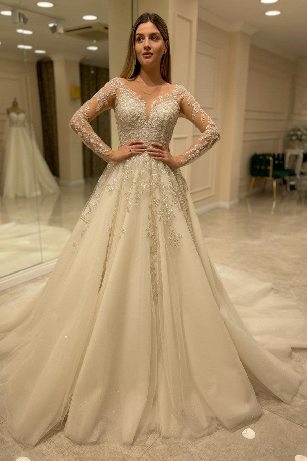 Elegant Long A-Line Wedding Dress with Lace Appliques and Sleeves