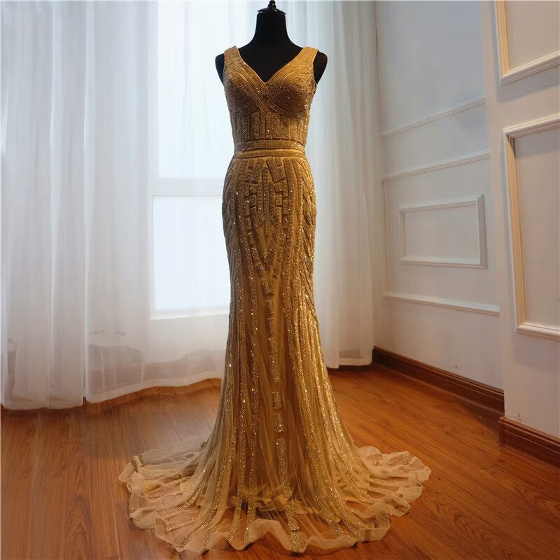 Gold Sequin Mermaid Prom Dress, V-Neck, Long Sleeveless