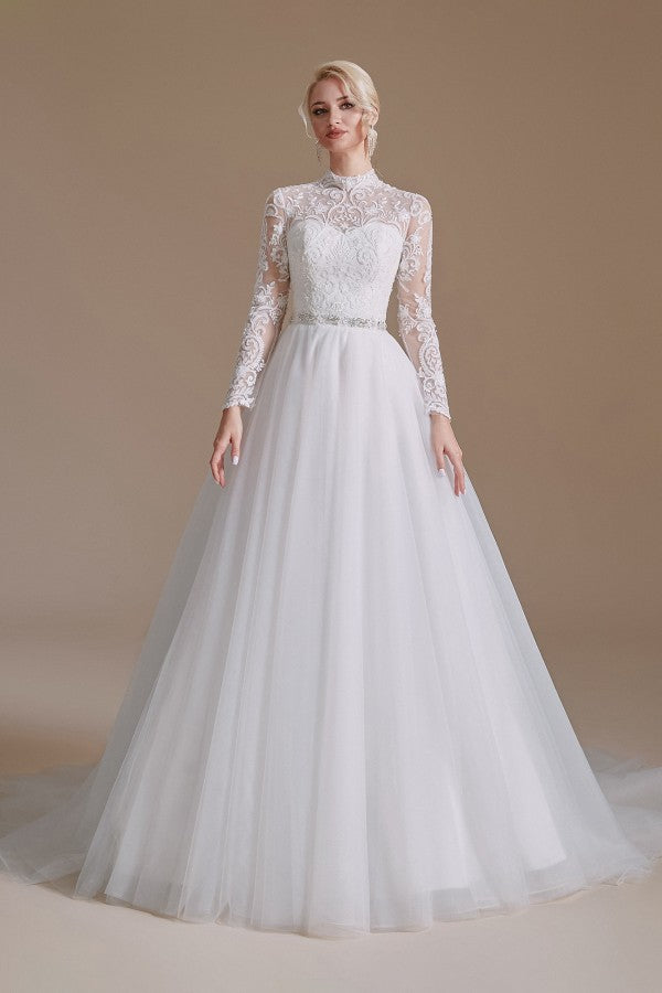 Modest A-Line High Neck Long Sleeve Wedding Dress with Tulle Lace