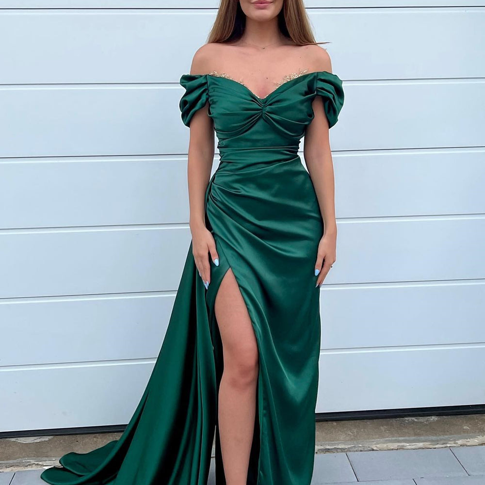 Dark Green Sweetheart Mermaid Prom Dress with Front Split and Off-The-Shoulder Beadings