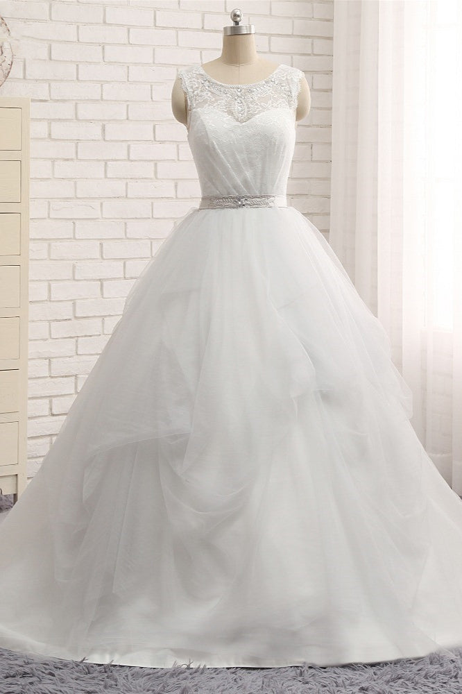 Princess Jewel Neck Long Wedding Dress with Tulle Lace