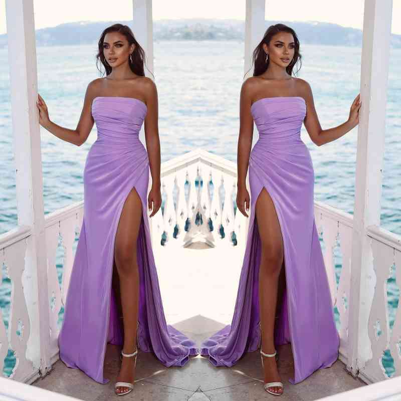 
                      
                        Charming Purple Strapless Sleeveless Long Evening Dress with Slit and Pleated
                      
                    