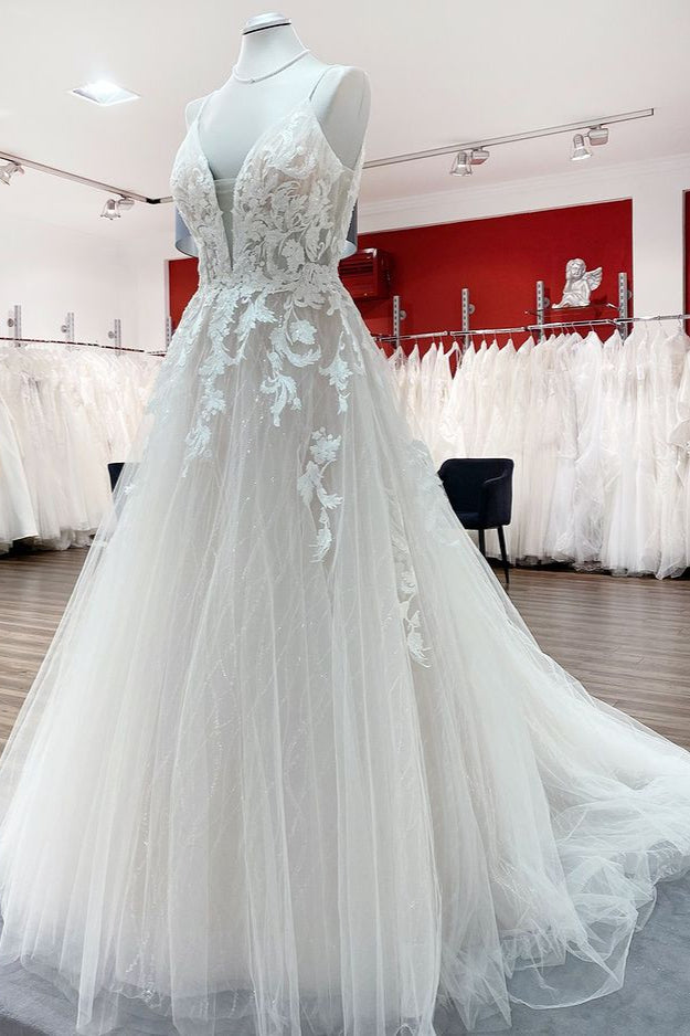 
                      
                        Princess V-Neck Spaghetti Strap Long Wedding Dress with Tulle Sequins and Lace Appliques
                      
                    