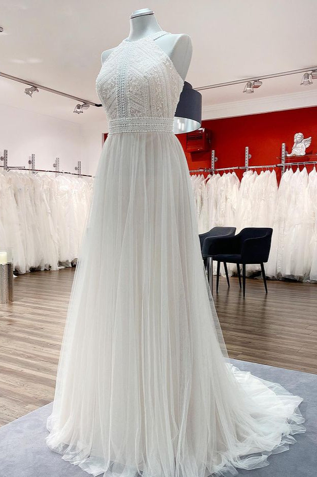 
                      
                        Long A-Line Halter Backless Wedding Dress with Tulle Lace
                      
                    