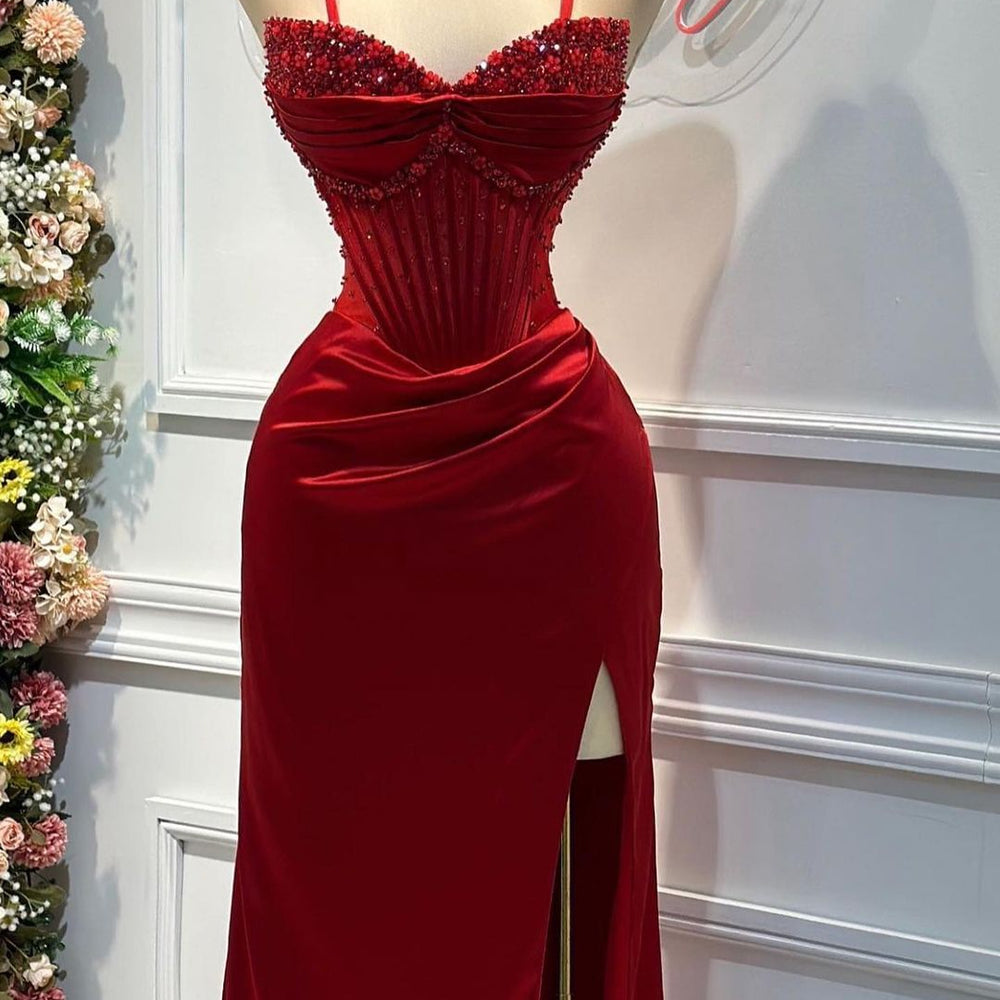 Fashion Red Spaghetti Strap Split Mermaid Prom Dress