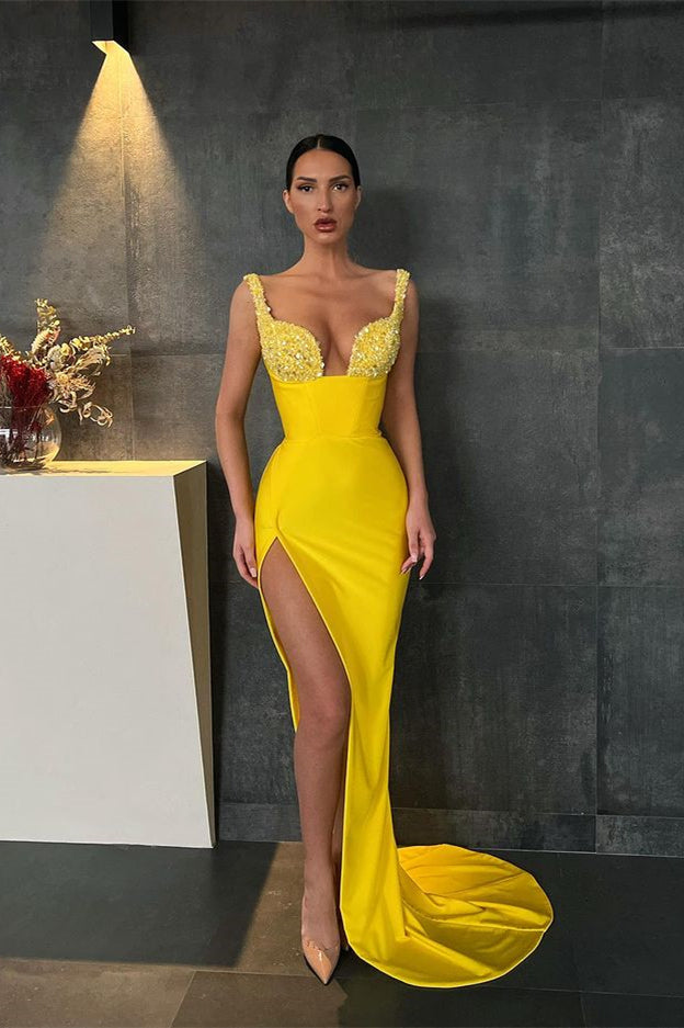 
                      
                        Yellow Sequin Straps Mermaid Prom Dress with Slit
                      
                    