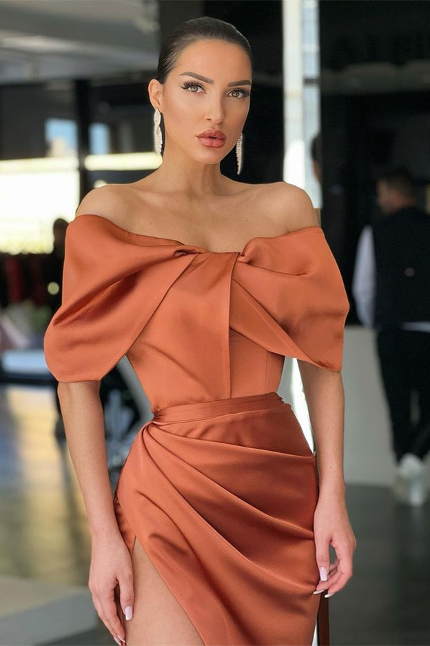 
                      
                        Burnt Orange Off-the-Shoulder Mermaid Prom Dress with Split
                      
                    