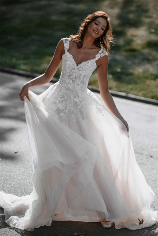 Cap Sleeve Tulle Lace A-Line Wedding Dress