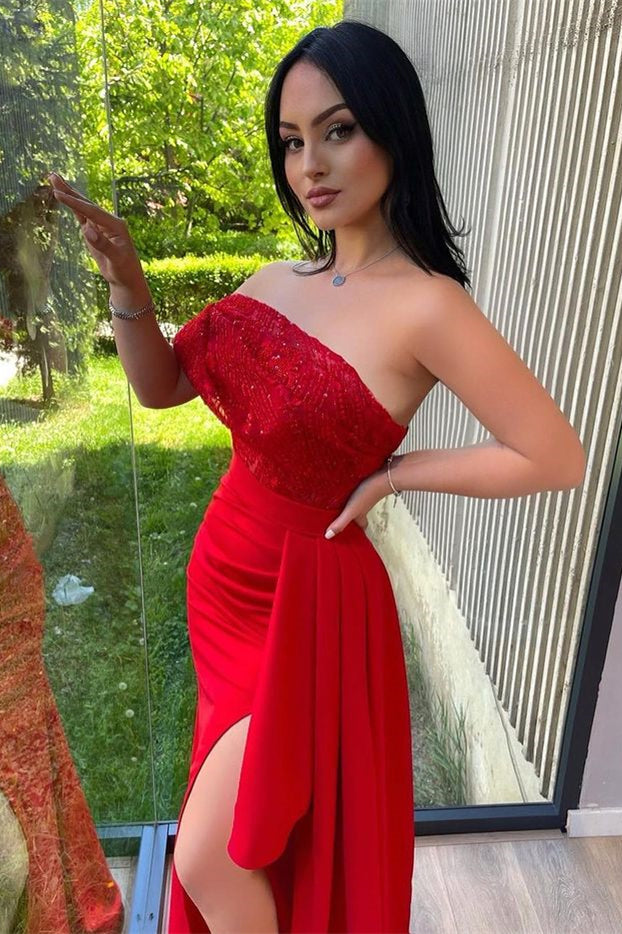 
                      
                        Red One Shoulder Sequins Mermaid Prom Dress with Strapless and Split
                      
                    