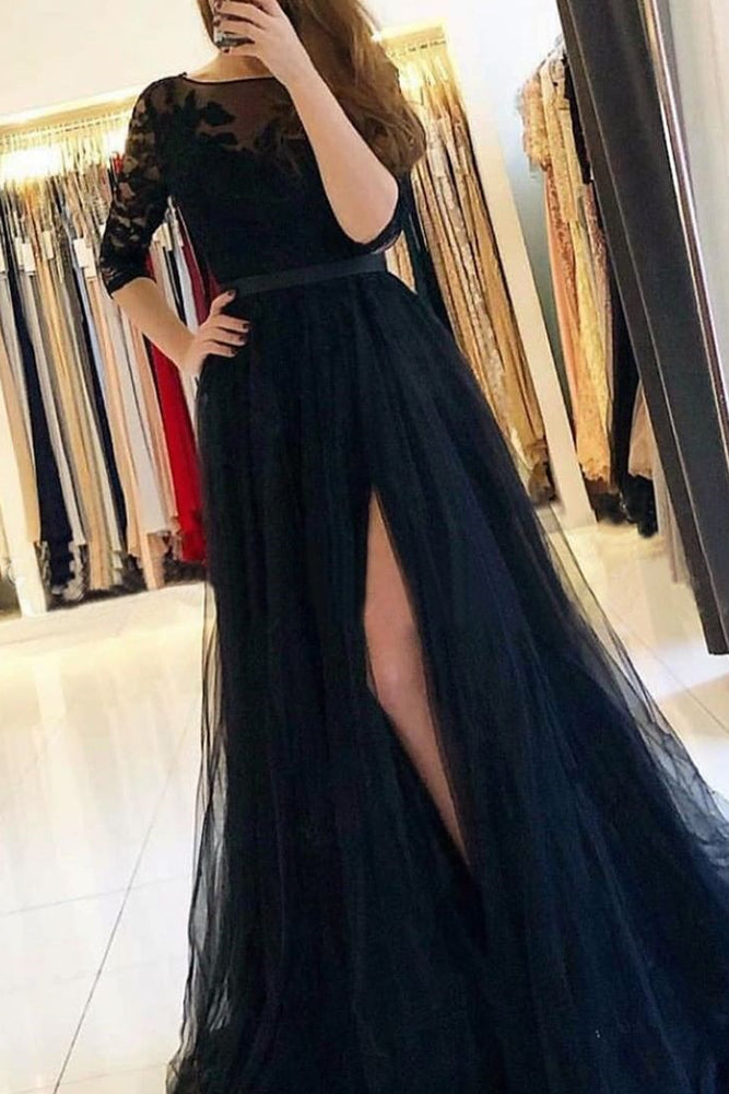 
                      
                        Long Sleeve A-Line Prom Dress with Lace and Split
                      
                    