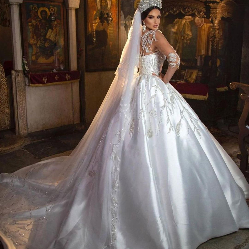 
                      
                        Gorgeous Long Princess Sweetheart Satin Wedding Dress with Sleeves
                      
                    