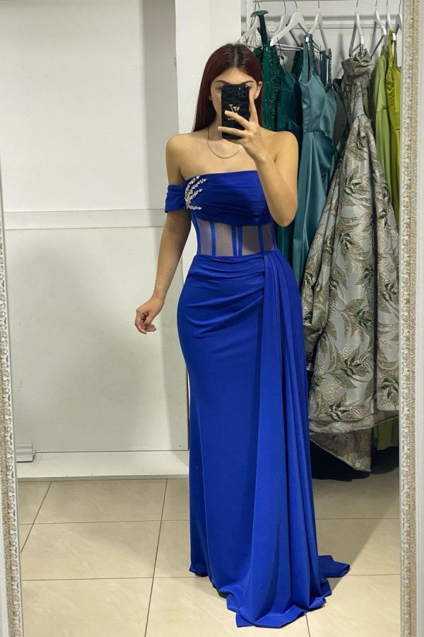 Royal Blue Strapless Off-The-Shoulder Prom Dress with Sequin Applique