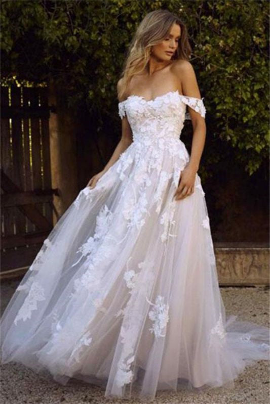 Off-the-Shoulder Tulle A-Line Wedding Dress with Lace Appliques