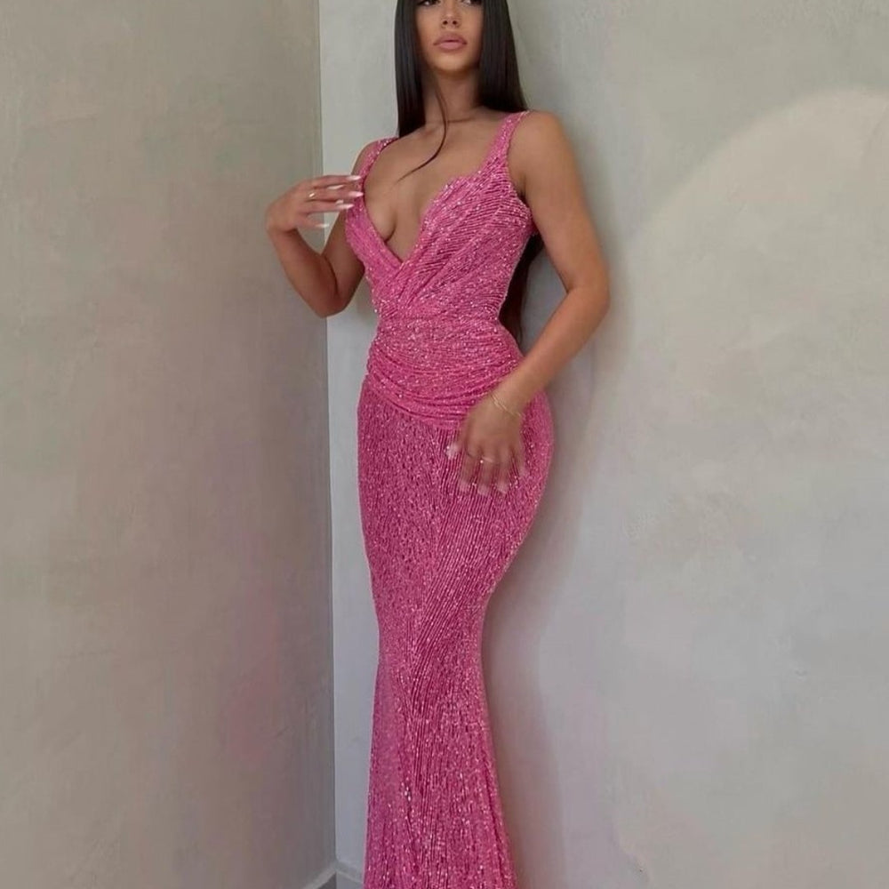 
                      
                        Sexy Pink Sleeveless Prom Dress with V-Neck and Long Sequins
                      
                    