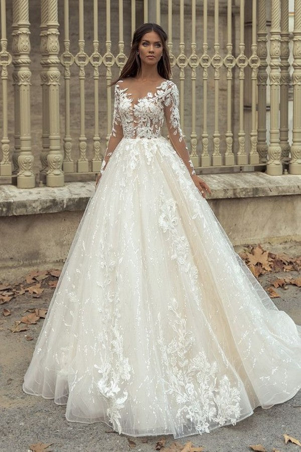 Gorgeous Bateau Long Sleeve Train A-Line Wedding Dress with Lace Appliques