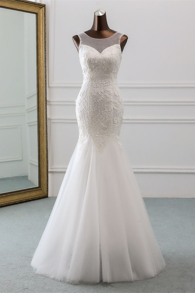 Jewel Neck Backless Long Mermaid Wedding Dress with Tulle Lace