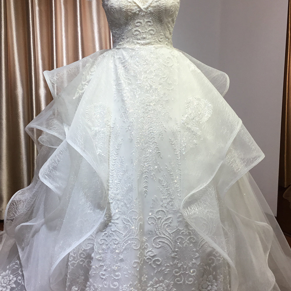 Sequined Short Sleeve Appliqued Ball Gown Wedding Dress with Tulle Ruffles