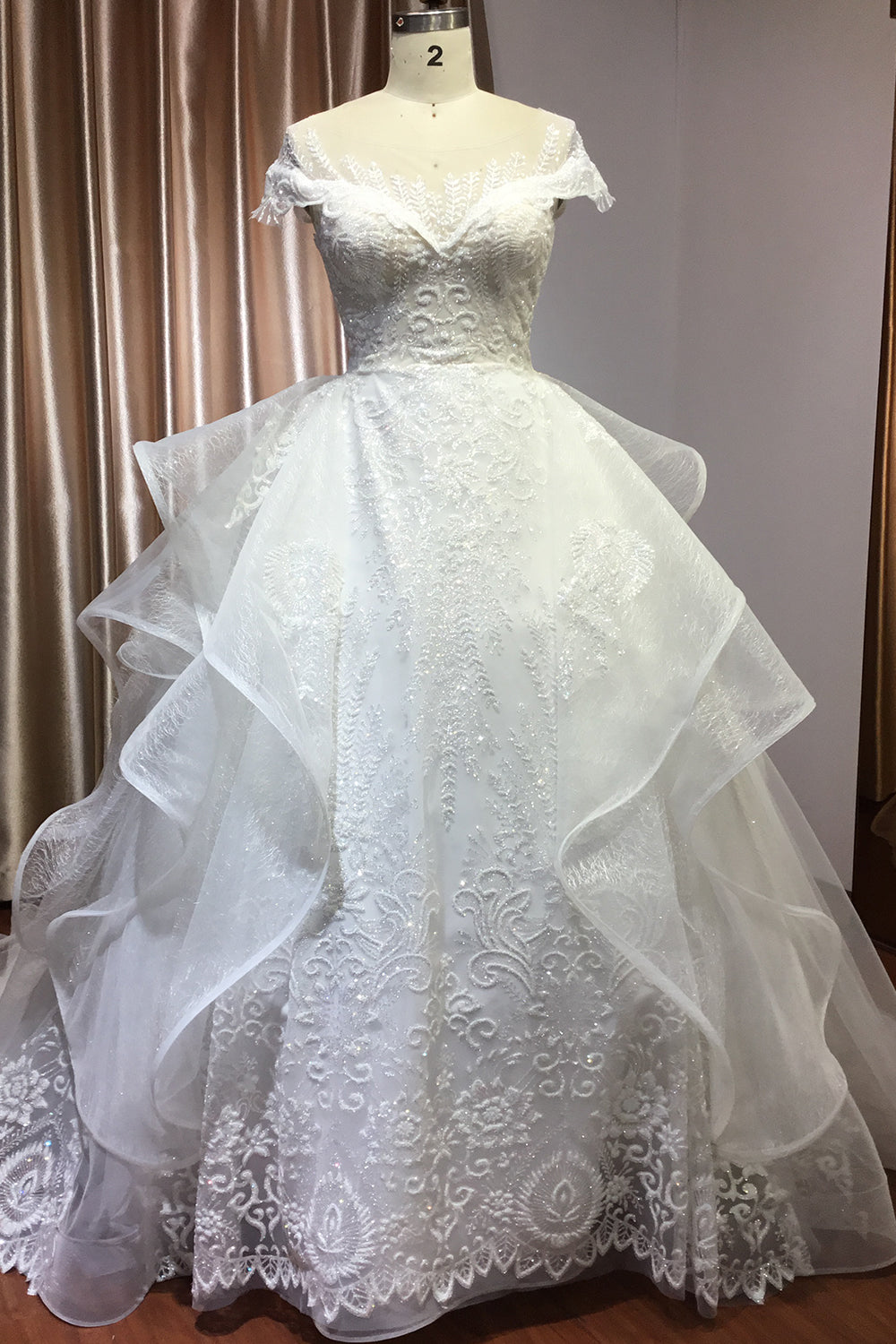 Sequined Short Sleeve Appliqued Ball Gown Wedding Dress with Tulle Ruffles