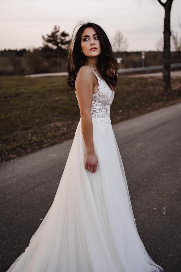 Simple Long A-Line V-Neck Tulle Wedding Dress with Appliques