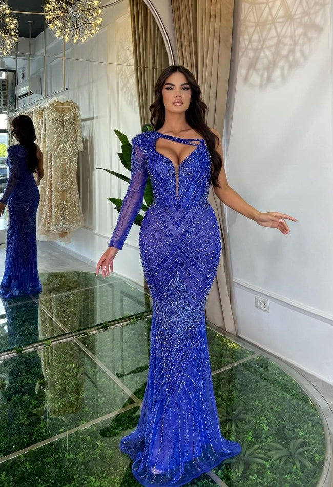 Luxurious Blue One-Sleeve Mermaid Prom Dress with Beads