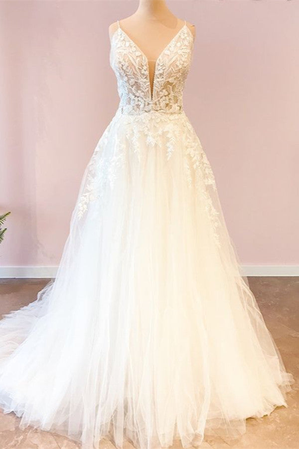 Sweetheart Spaghetti Strap Floor-Length Wedding Dress with A-Line Tulle