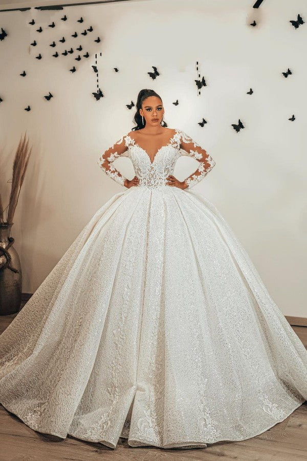 Ball Gown Sweetheart Long Sleeve Wedding Dress with Ruffles, Lace Appliques, and Sequins