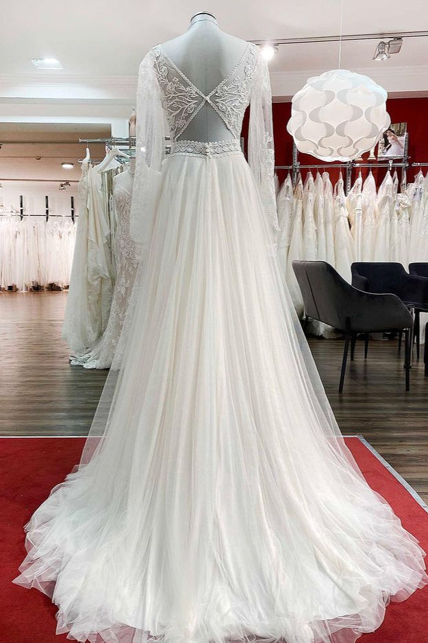 
                      
                        Long A-Line Sweetheart Wedding Dress with Sleeves, Appliques, Tulle, and Beadings
                      
                    