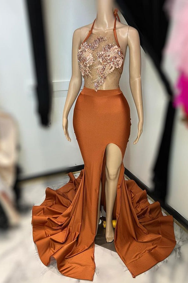 
                      
                        Brown Sleeveless Halter Long Prom Dress with Appliques and High Slit
                      
                    