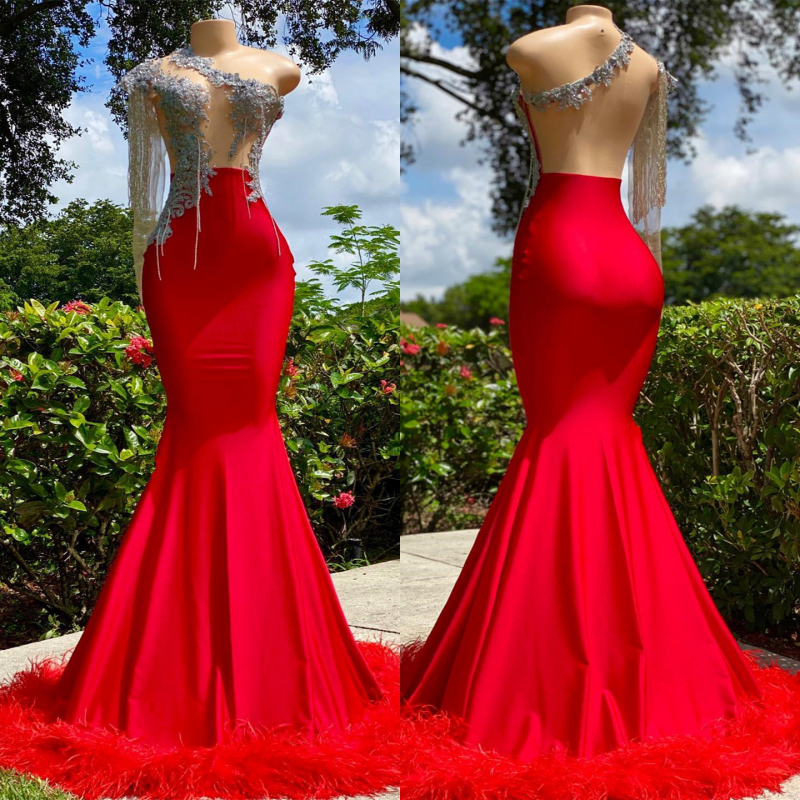 
                      
                        Classic Red One Shoulder Strapless Mermaid Prom Dress with Feather
                      
                    