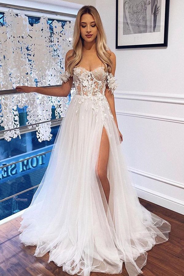 Boho Off-the-Shoulder White A-Line Wedding Dress with Lace