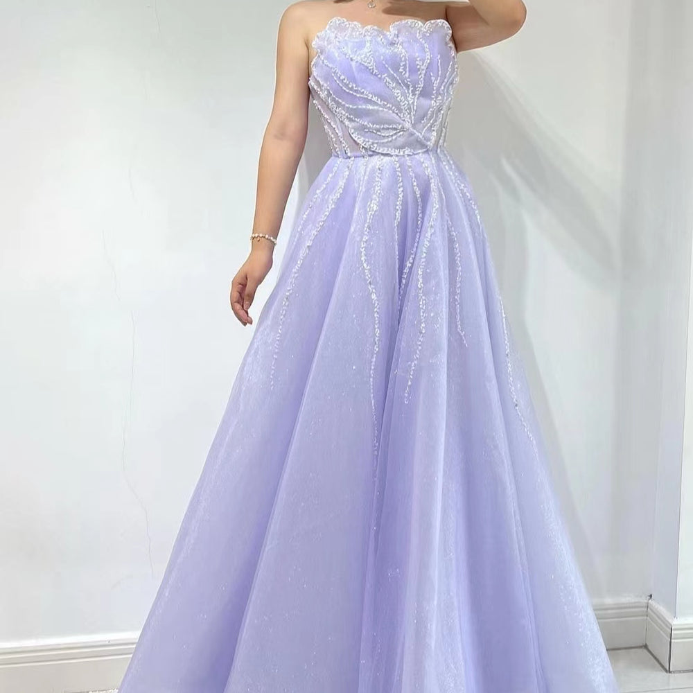 Lilac Strapless Sleeveless A-Line Tulle Prom Dress with Sequin Beads