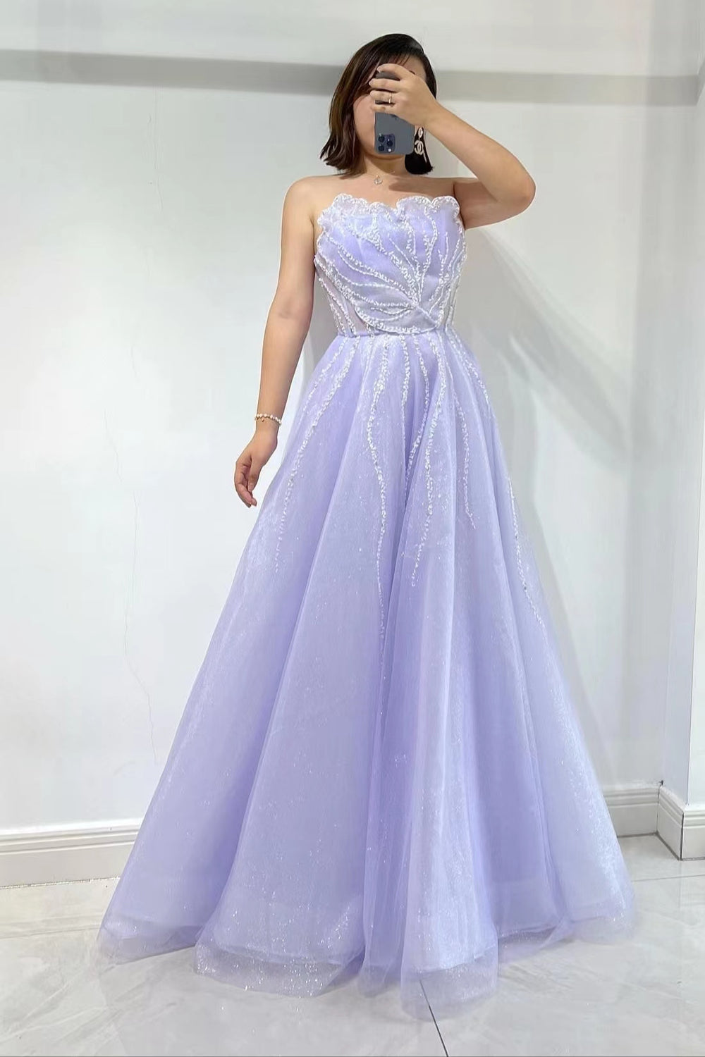 Lilac Strapless Sleeveless A-Line Tulle Prom Dress with Sequin Beads