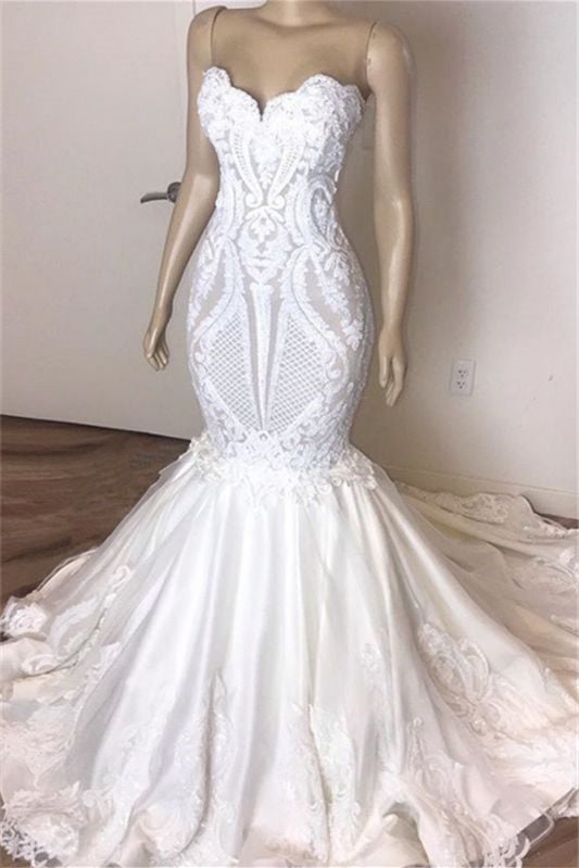 Sweetheart Long Mermaid Wedding Dress with Lace Appliques