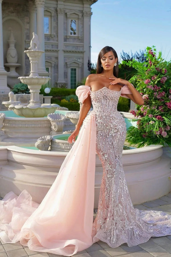 
                      
                        Luxurious Pink Off-the-Shoulder Beaded Long Mermaid Prom Dress
                      
                    