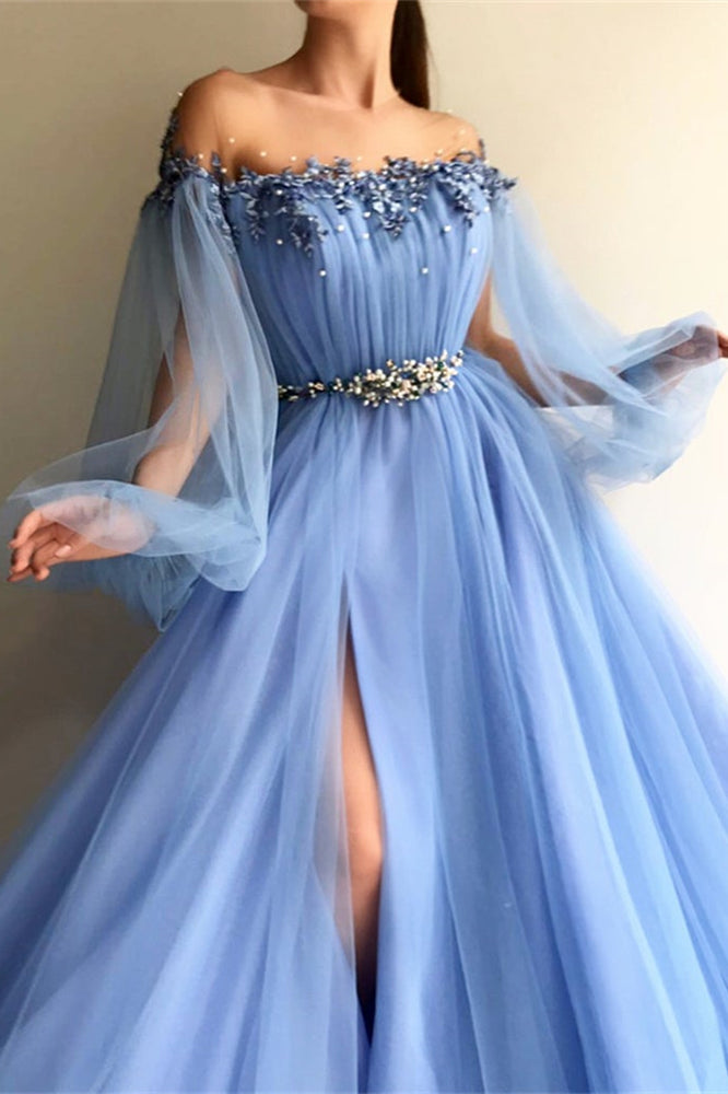 Off-the-Shoulder Long Sleeves Evening Dress with Beads