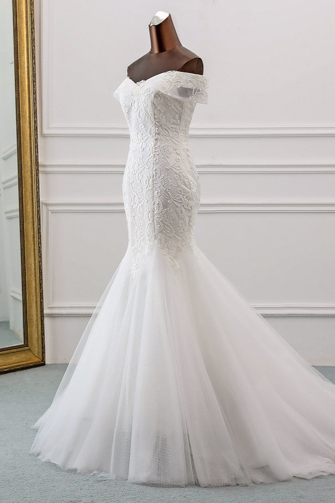 
                      
                        Off-the-Shoulder Long Mermaid Wedding Dress with Tulle Lace
                      
                    