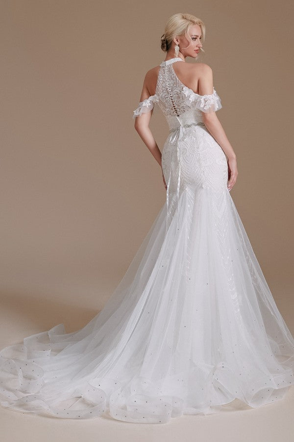 
                      
                        Elegant Long Mermaid Halter Tulle Floor-Length Wedding Dress with Lace Appliques
                      
                    