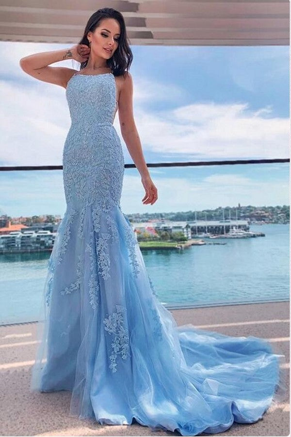 Sky Blue Halter Mermaid Prom Dress