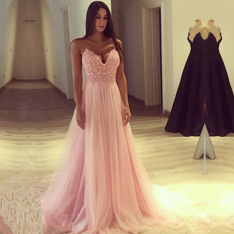 
                      
                        Pink Tulle Lace Spaghetti-Straps Prom Dress
                      
                    