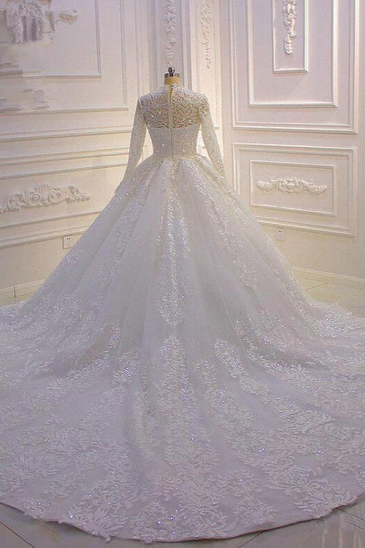 
                      
                        High Neck Long Sleeve Ball Gown Wedding Dress with Lace Ruffles
                      
                    