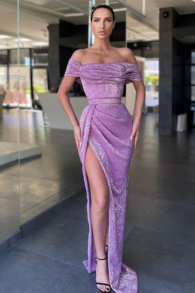 Lilac Off-The-Shoulder Split Mermaid Prom Dress with Sequins