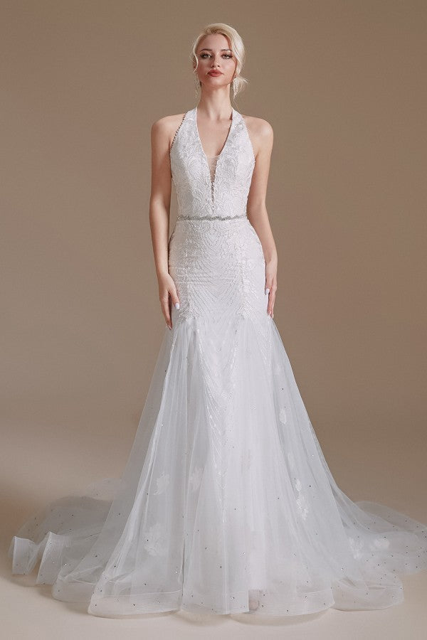 
                      
                        Elegant Long Mermaid Halter Tulle Floor-Length Wedding Dress with Lace Appliques
                      
                    