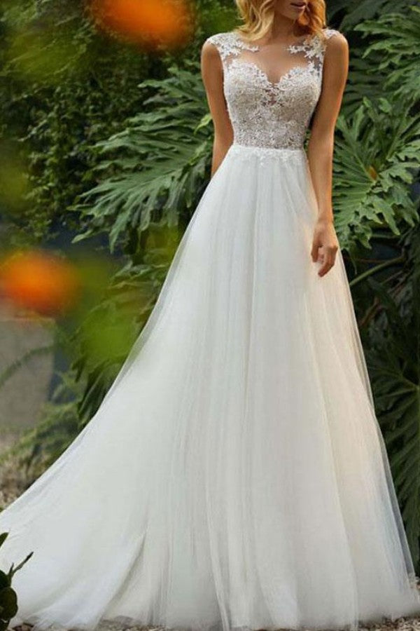 Sleeveless Long Tulle Lace Wedding Dress