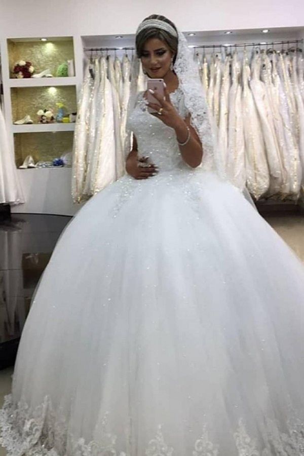 White Short Sleeve Ball Gown Wedding Dress with Lace