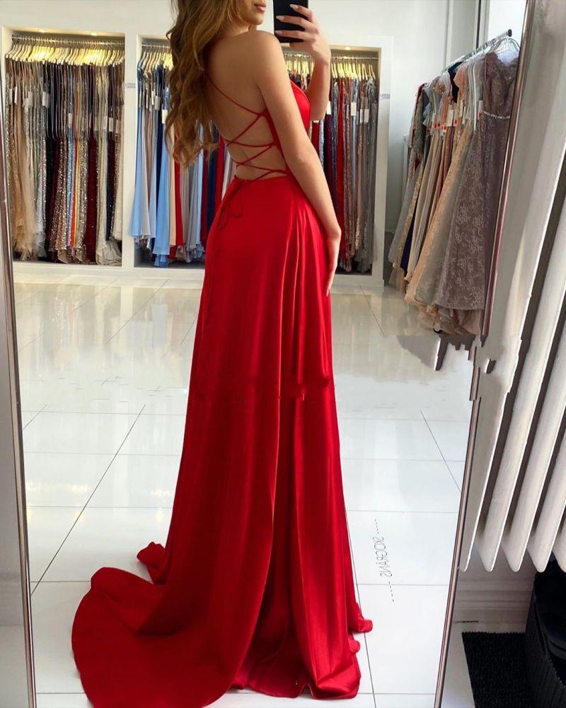 
                      
                        654. Red V-Neck Prom Dress with Split
                      
                    