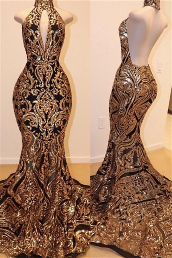 Halter High Neck Mermaid Prom Dress with Gold Appliques